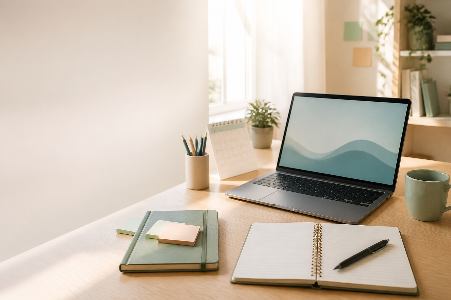A calm study desk with a laptop, notebook, planner, and calendar